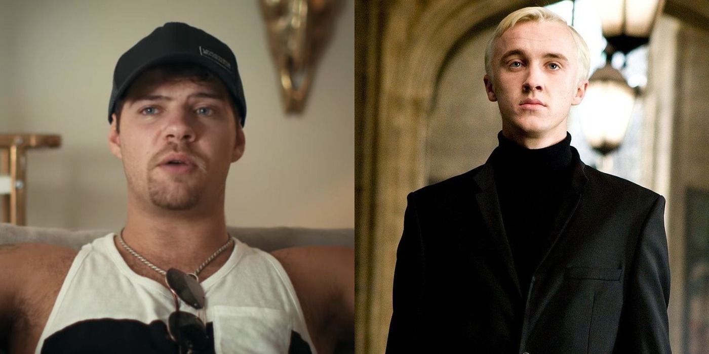 Split iamge showing Dillon Passage in Tiger King and Draco Malfoy in HP and the Half-Blood Prince