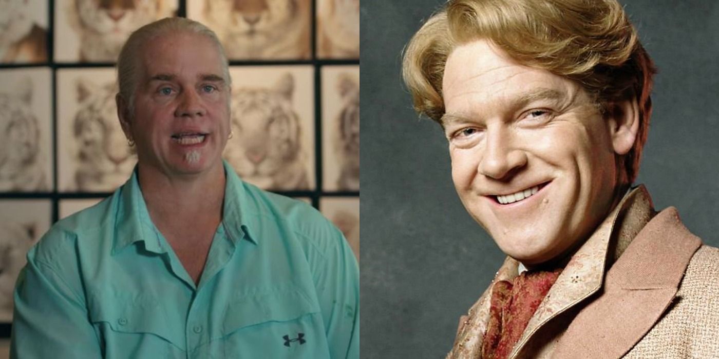 Split image showing Doc Antle in Tiger King and Gilderoy Lockhart in HP and the Chamber of Secrets