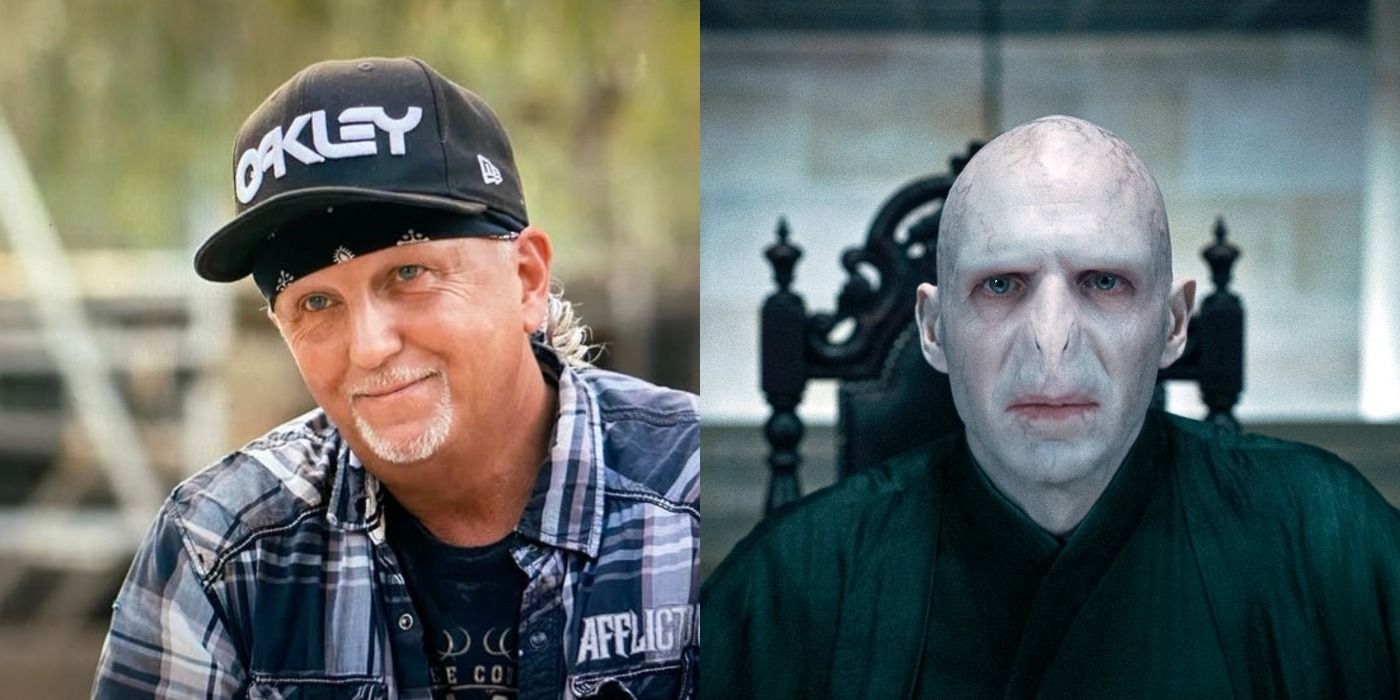 Split image showing Jeff Lowe in Tiger King and Lord Voldemort in HP and the Deathly Hallows Part 1