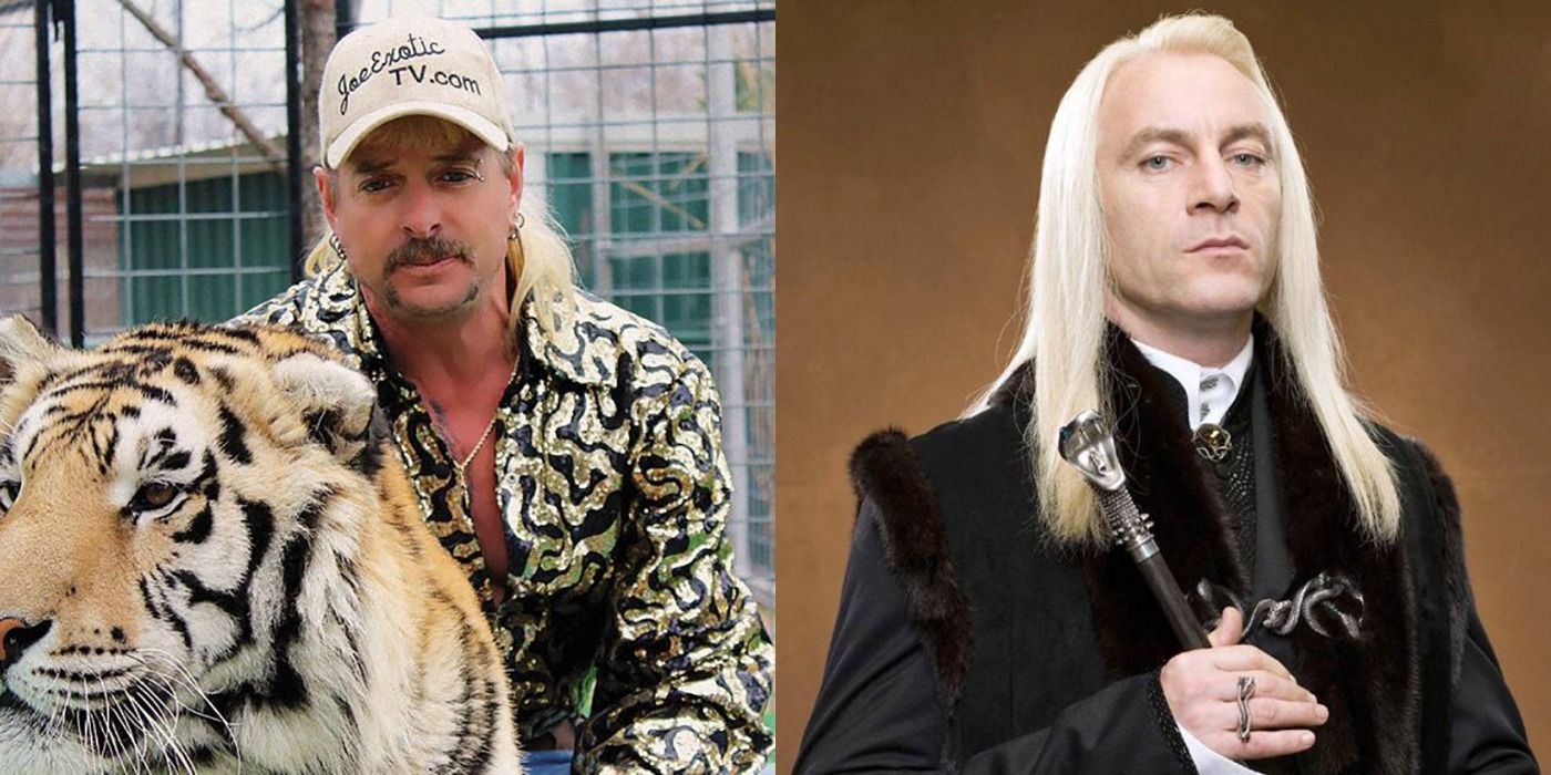 Split image showing Joe Exotic in Tiger King and Lucius Malfot in Harry Potter