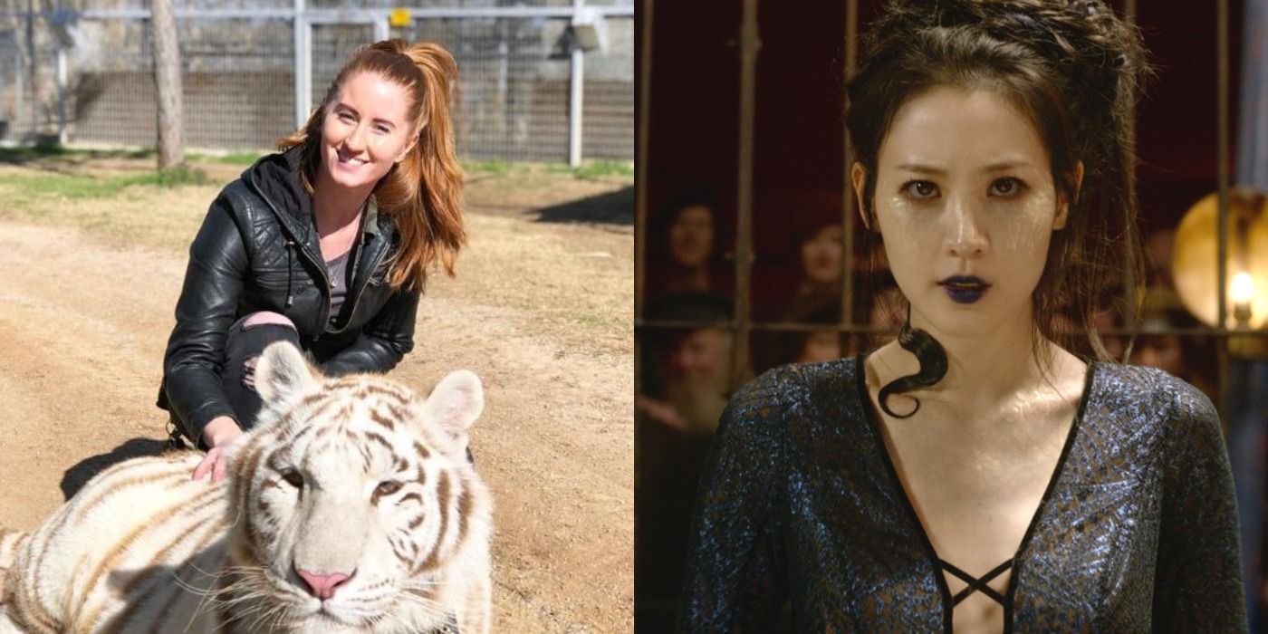 Split image showing Lauren Lowe in Tiger King and Nagini in The Crimes of Grindelwald