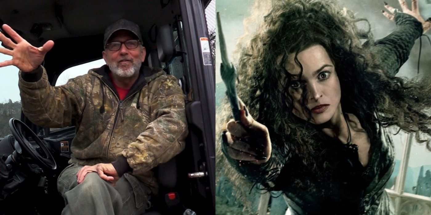 Split image showing Tim Stark in Tiger King and Bellatrix Lestrange in HP and the Deathly Hallows Part 2