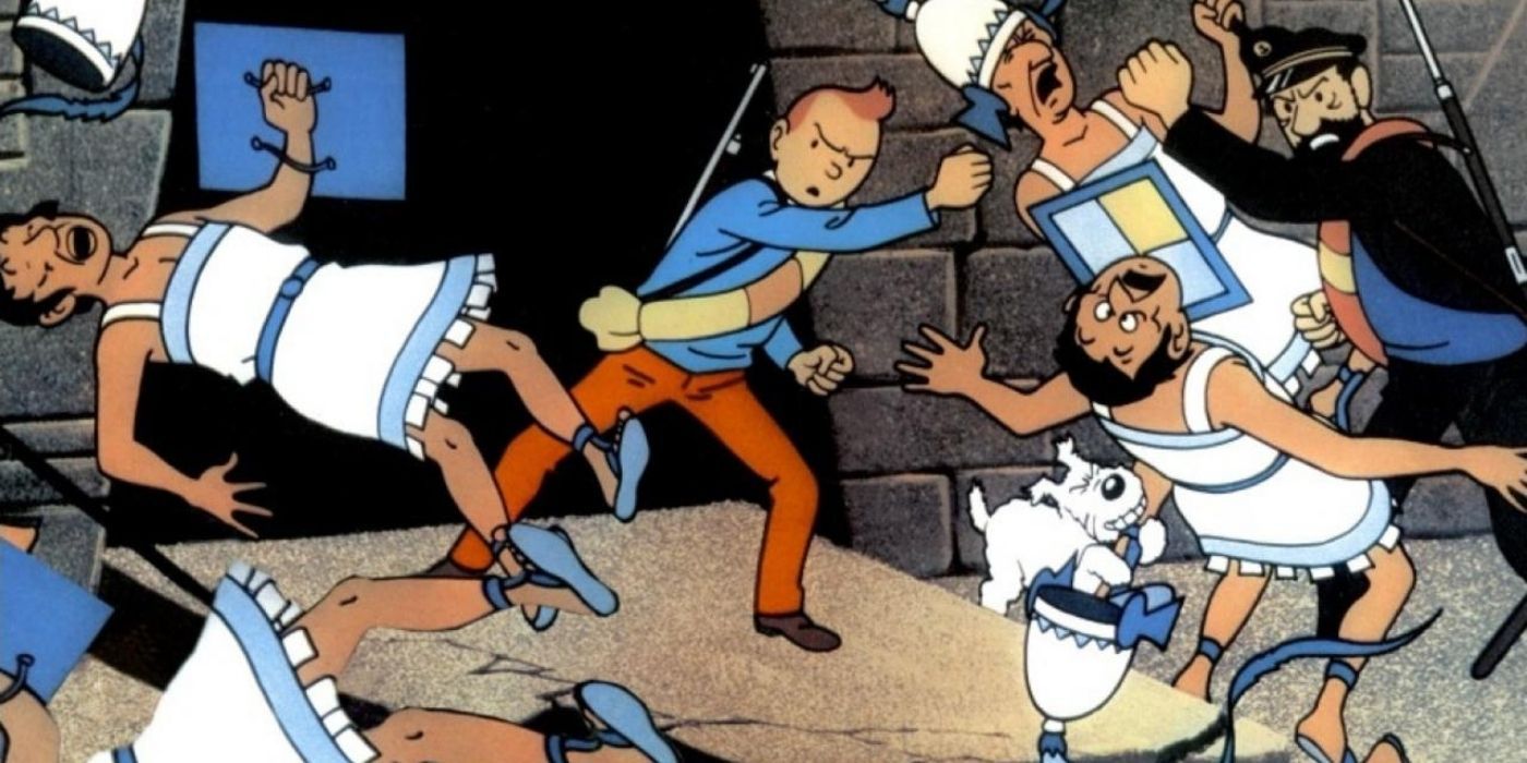Tintint fighting a group of soldiers in Tintin And The Temple Of The Sun