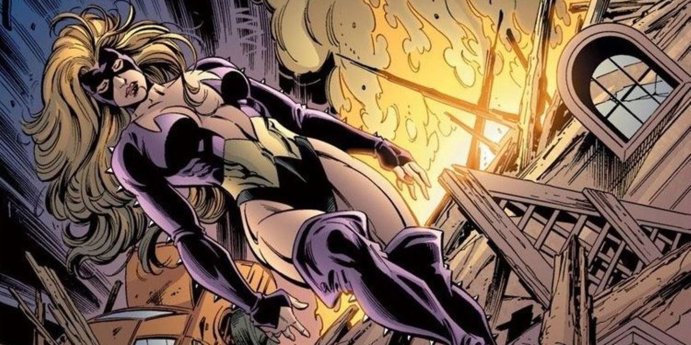Titania walks through a burning building in Marvel comics