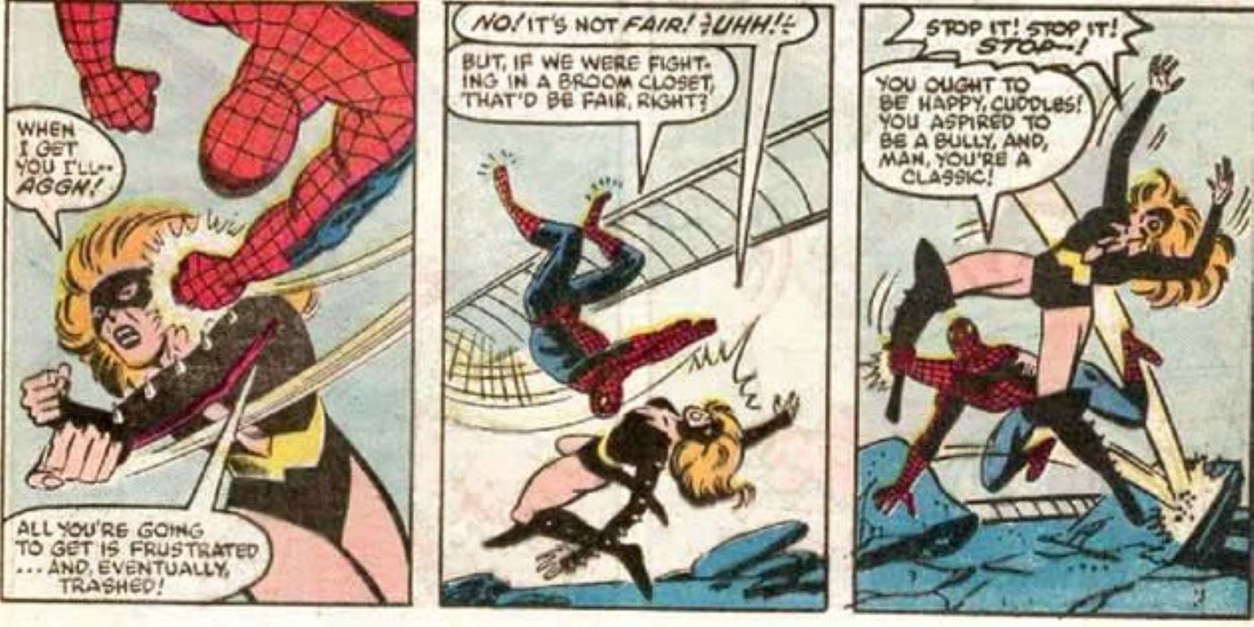 Spider-Man fights Titania in Marvel Comics.