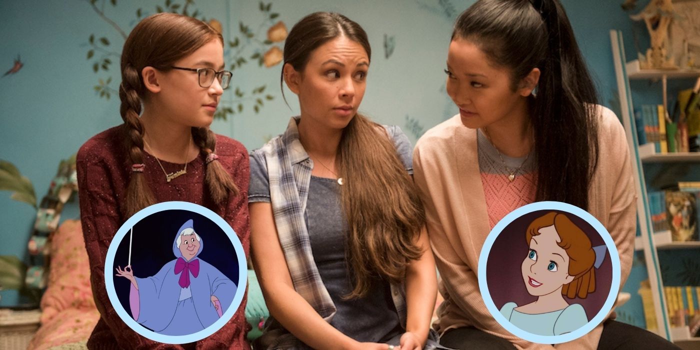 Kitty, Margot, and Lara Jean sitting on her bed in To All The Boys I&rsquo;ve Loved Before with the Fairy Godmother and Wendy from Peter Pan superimposed on the picture