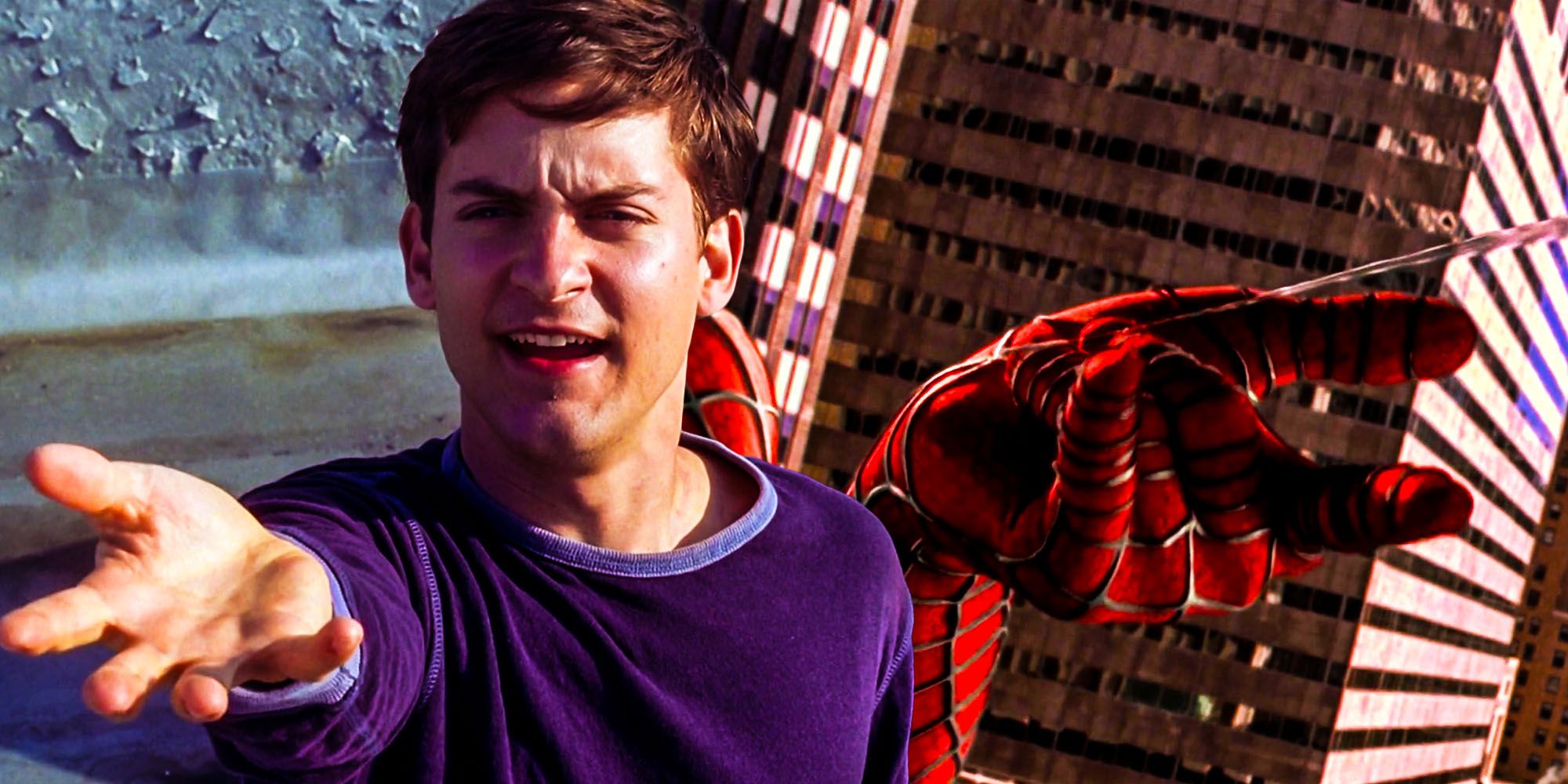 Blended image of Peter Parker and his web as Spider-Man.