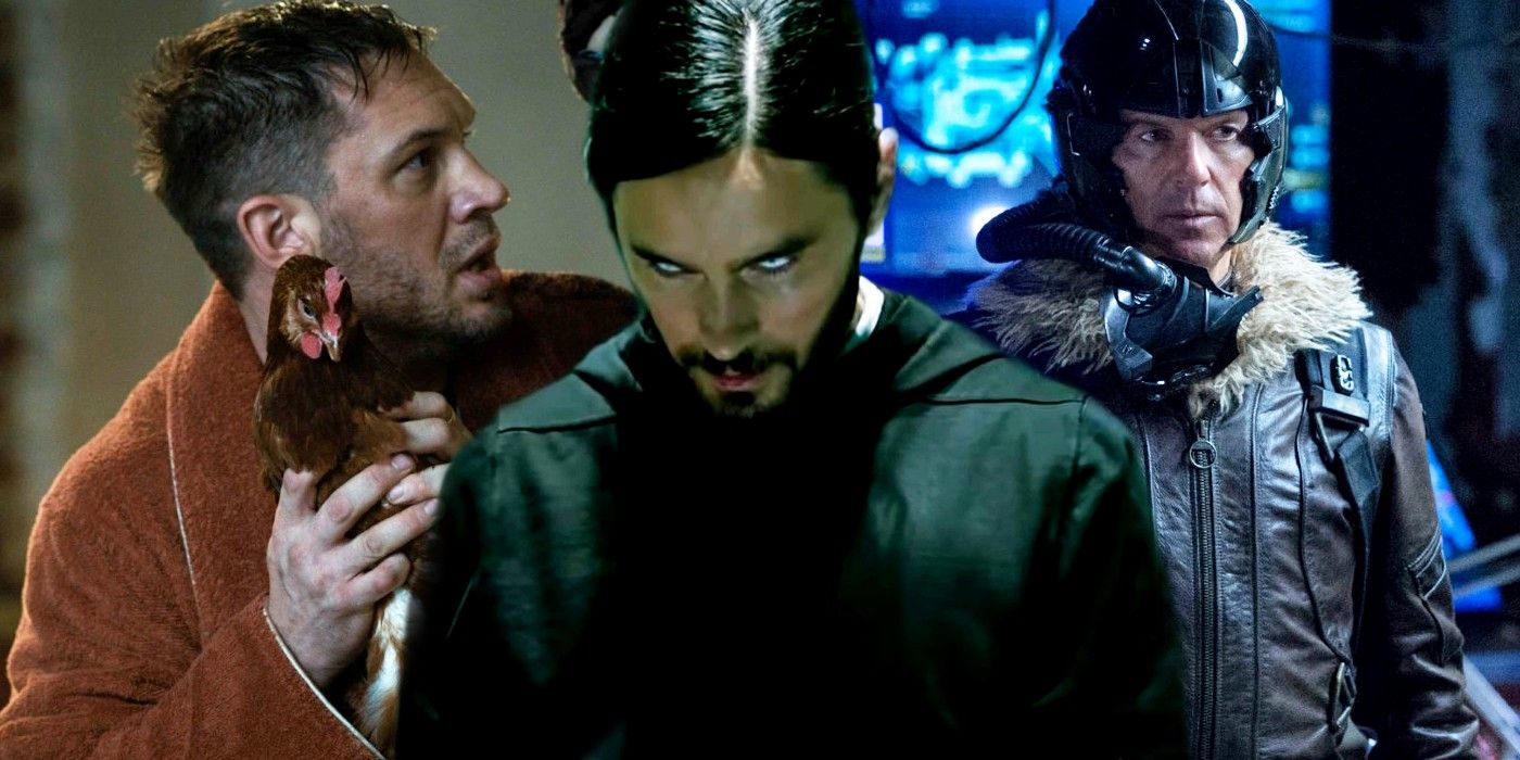 Tom Hardy as Eddie Brock in Venom Jared Leto as Morbius and Michael Keaton as Adrian Toomes Vulture in Spider Man Homecoming