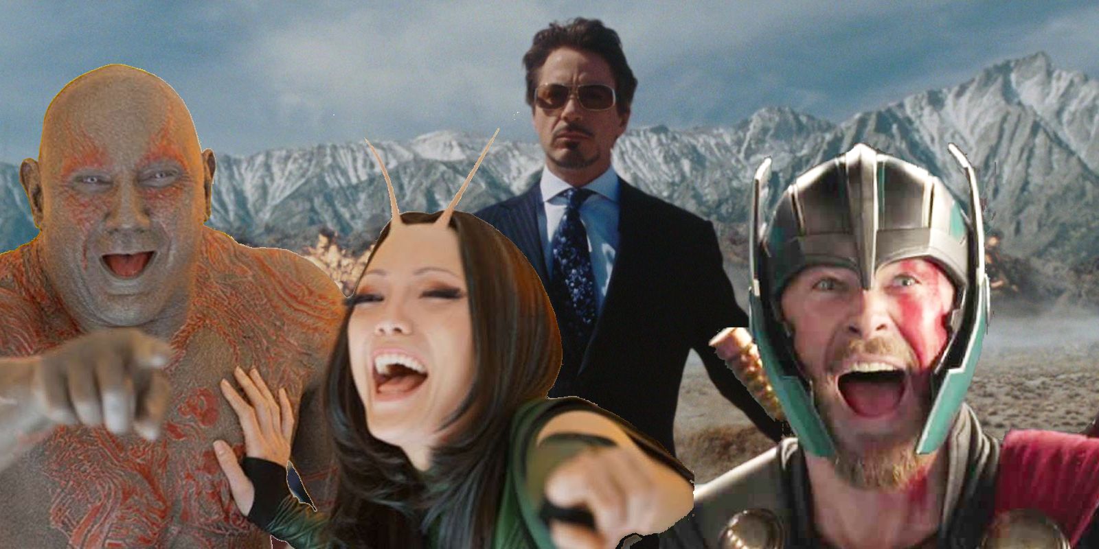 Imagen combinada de Tony Stark, Mantis, Drax y Thor riéndose en el MCU