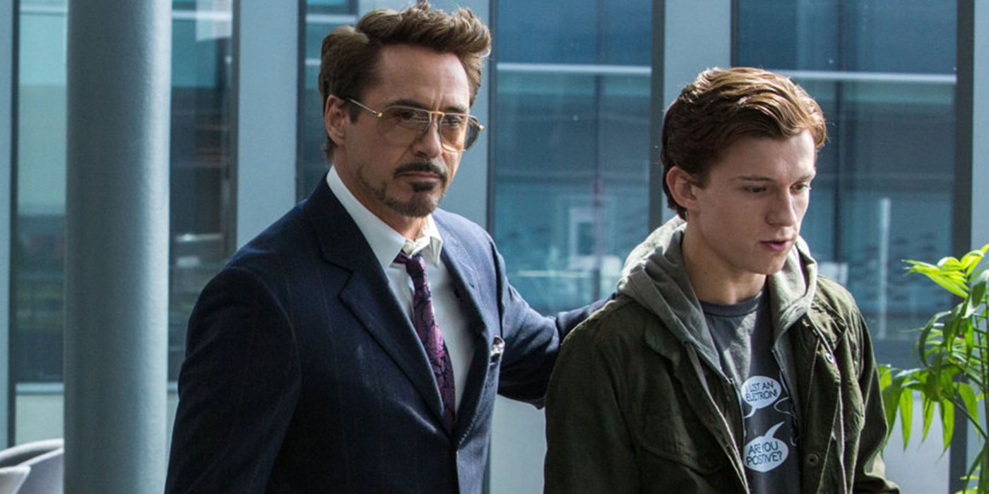 Tony Stark walking with Peter Parker in Spider-Man.