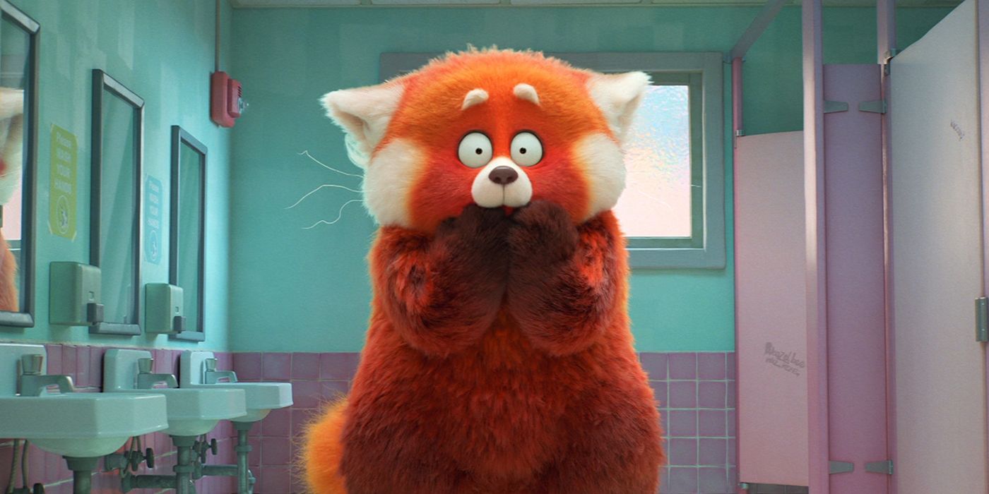 Mei as a red panda in the bathroom