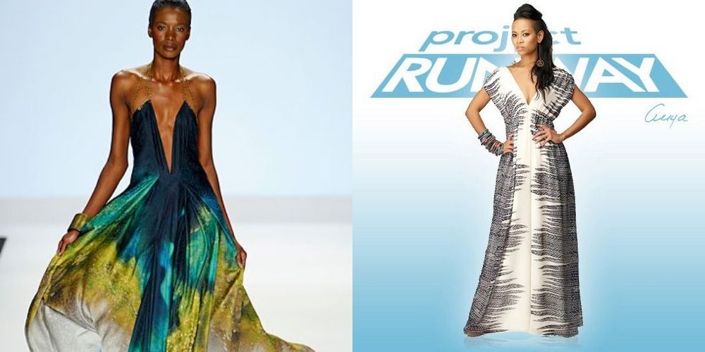Two side by side images of Anya Ayoung-Chee and her chiffon blue and green dress in Project Runway.