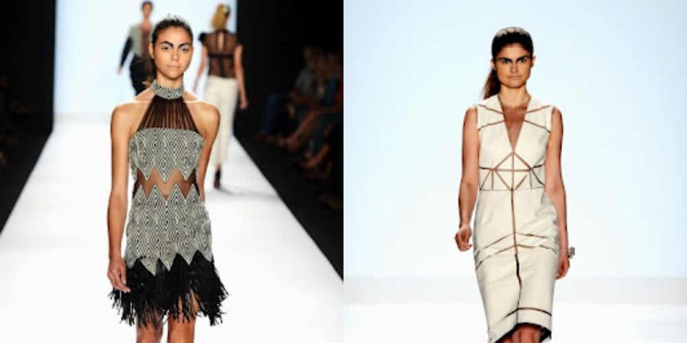Two side by side images of Dmitry Sholokhov designs from Project Runway