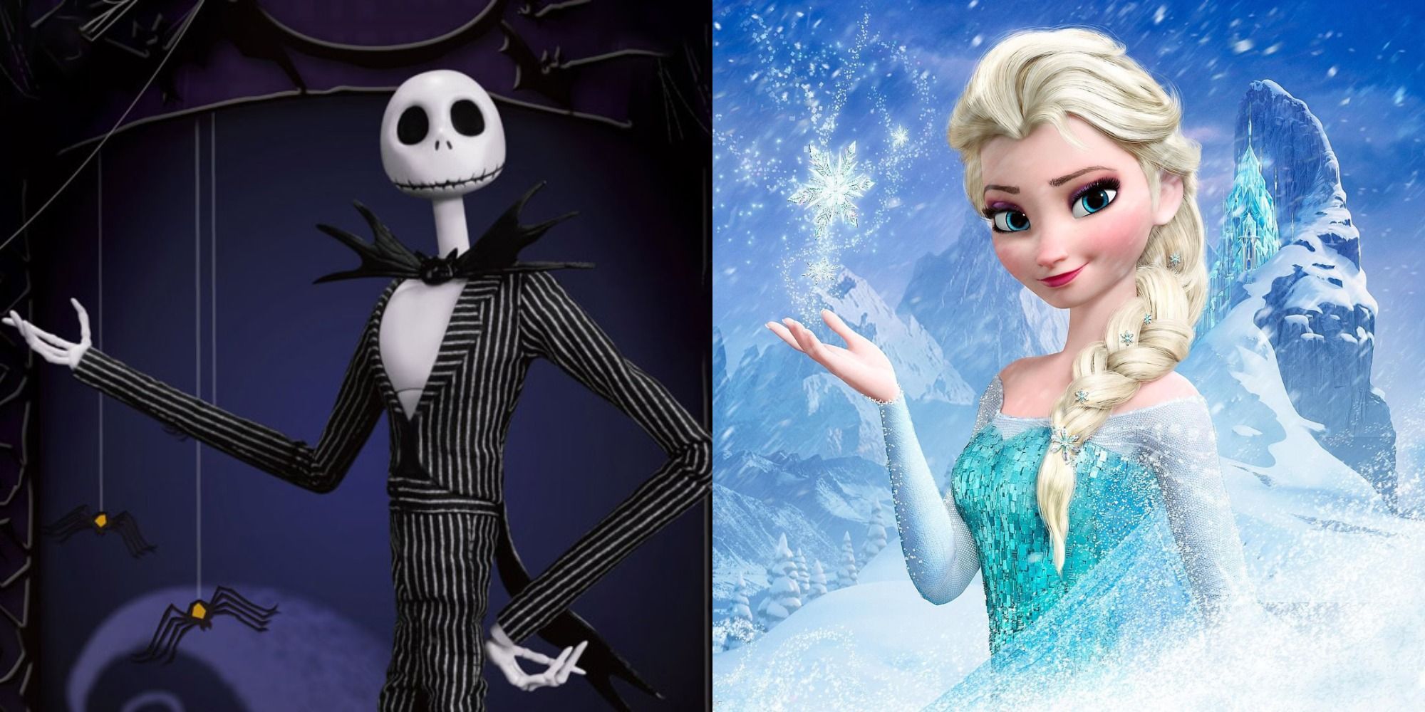 Two side by side images of Elsa from Frozen and Jack Skellington