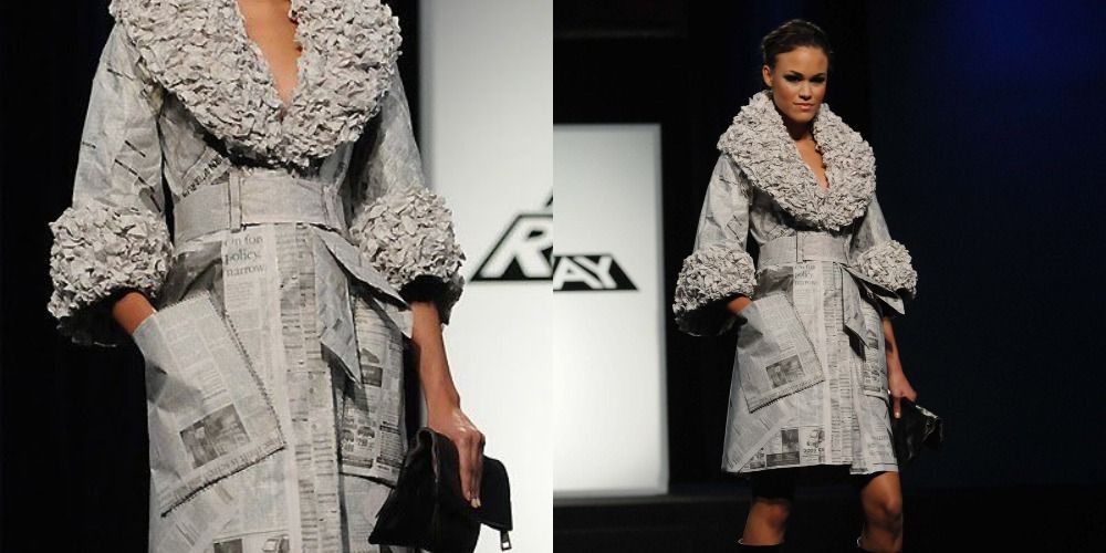 Two side by side images of Irina Shabayeva's iconic newspaper coat in Project Runway.