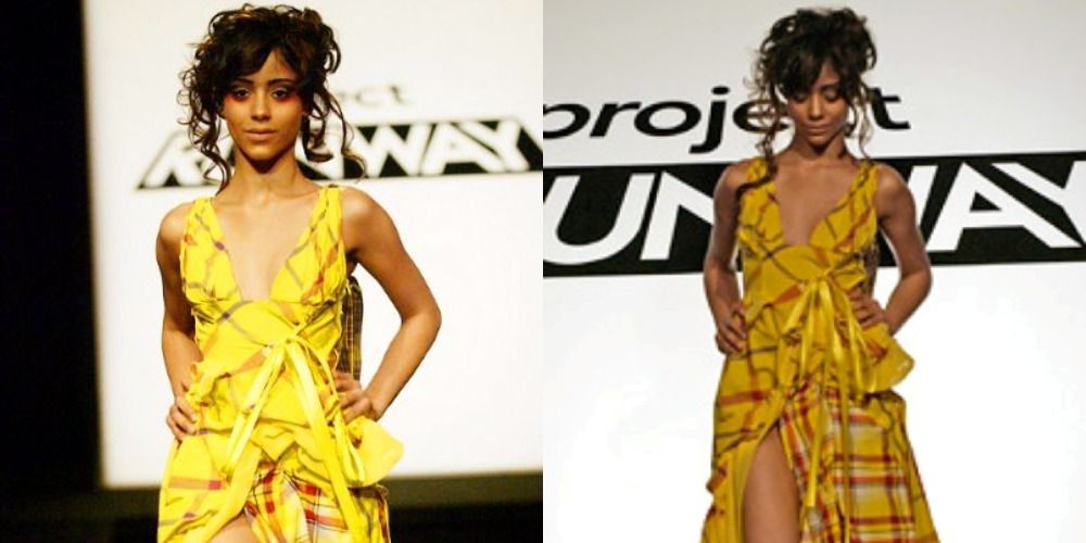 Two side by side images of Jeffrey Sebelias plaid yellow dress from Project Runway