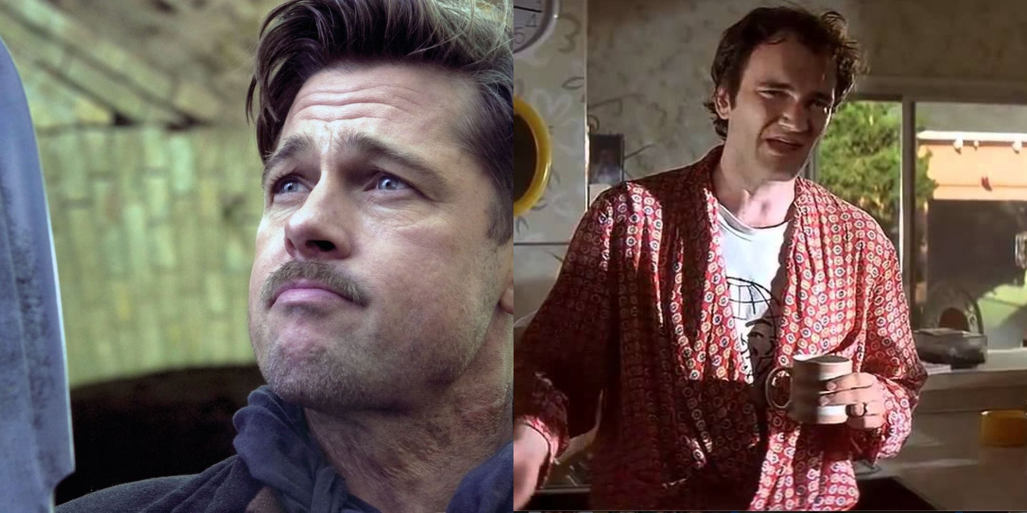 Two side by side images of Quentin Tarantino in Reservoir Dogs and Brad Pitt in Inglourious Basterds