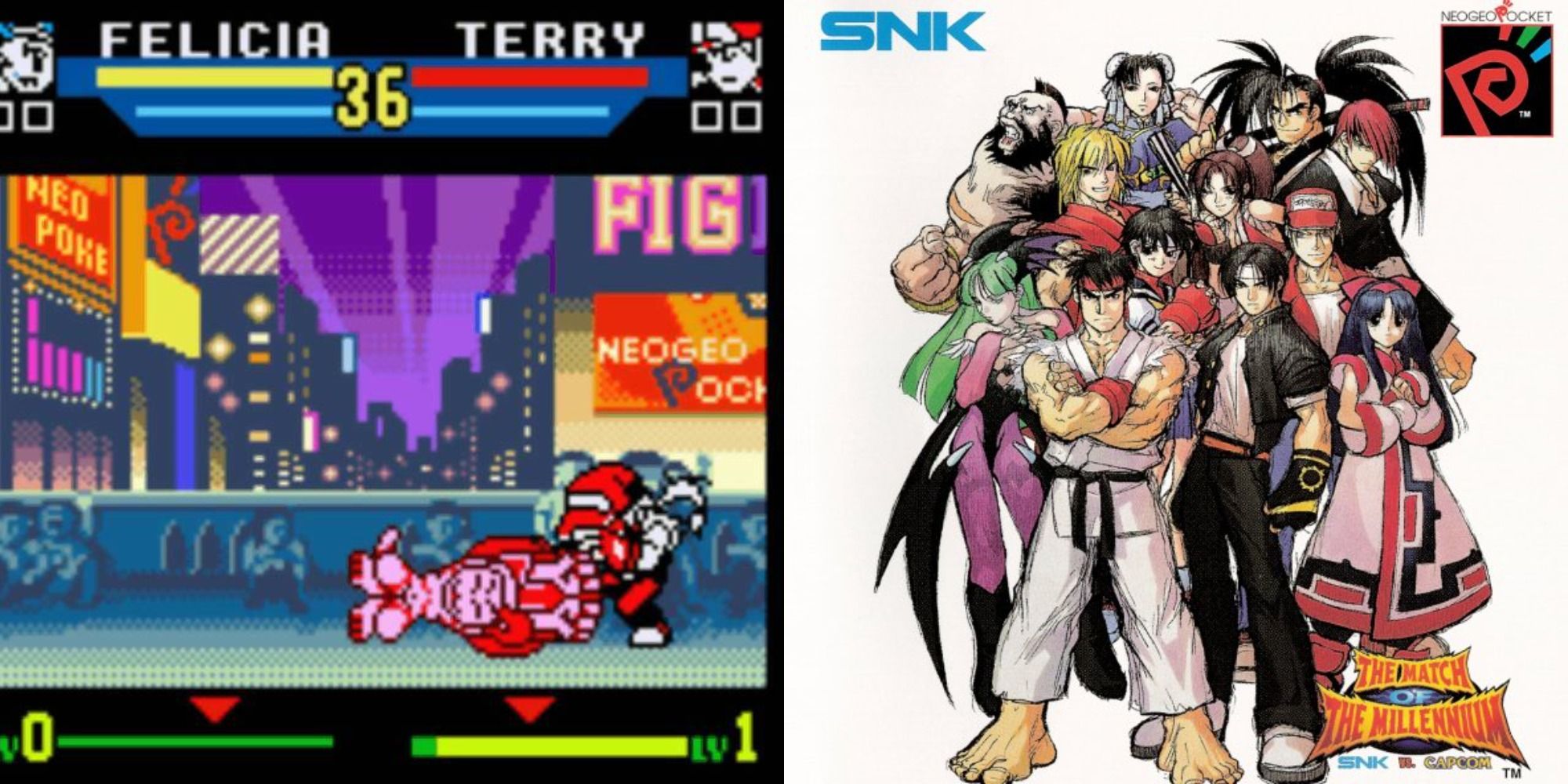 Two side by side images of the characters and gameplay from Snk vs Capcom Match of the Millennium
