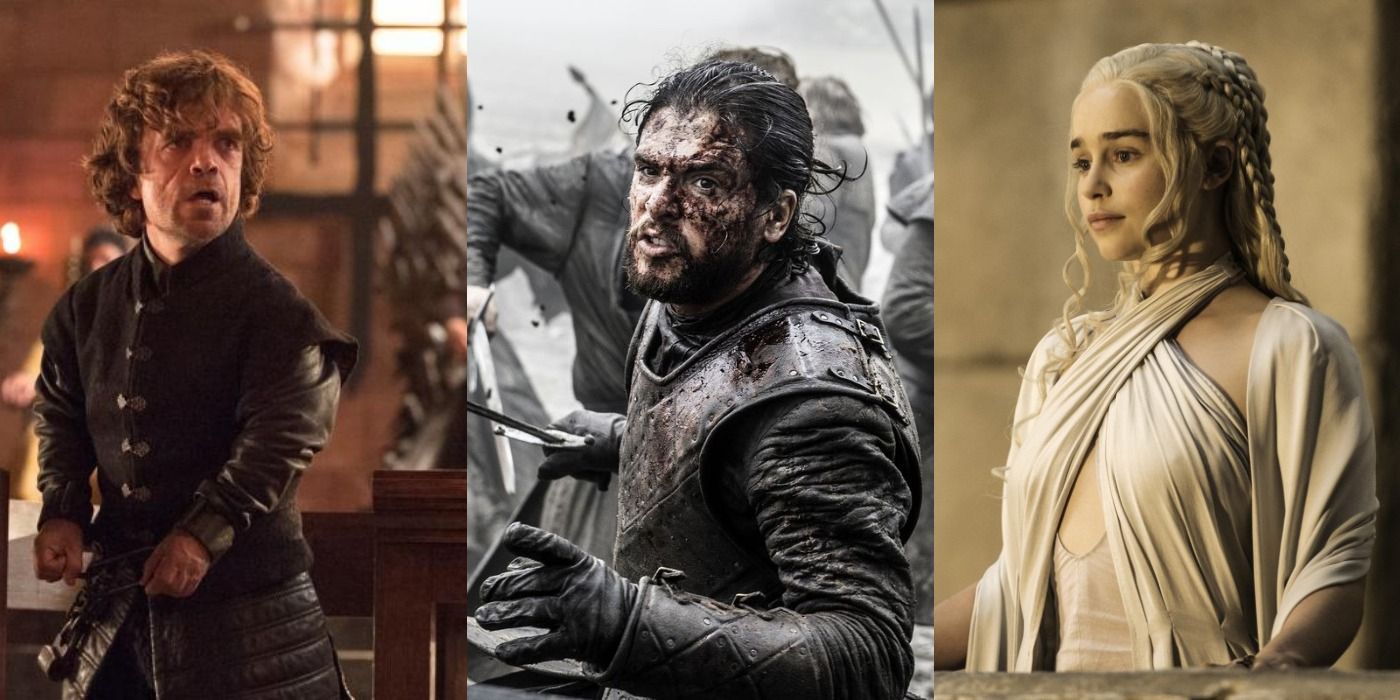 Split image of Tyrion at his trial, a bloodied Jon at the Battle of the Bastards, and Daenerys ruling in Slavers' Bay