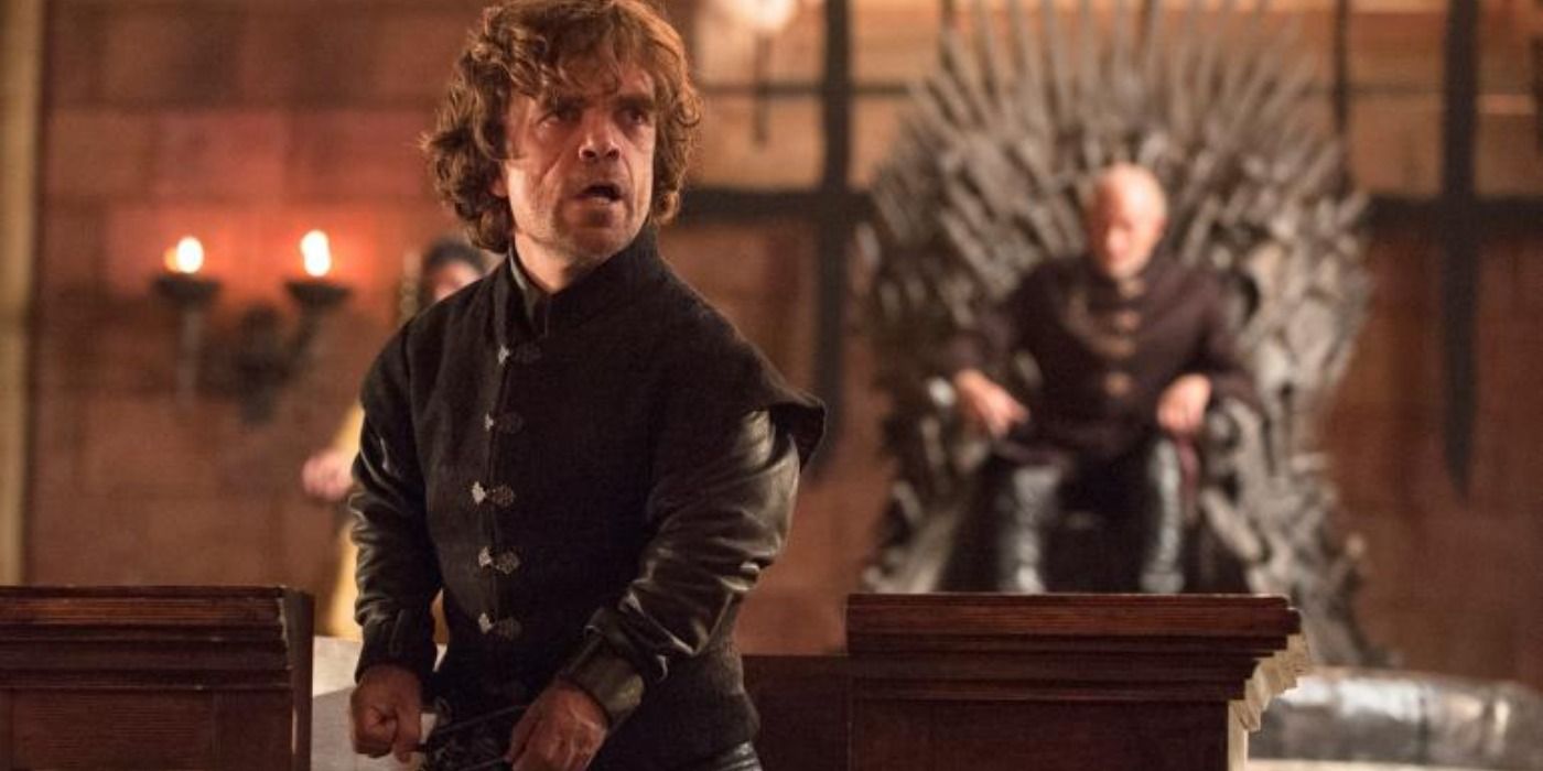 Tyrion defending himself at his trial with Tywin as the judge
