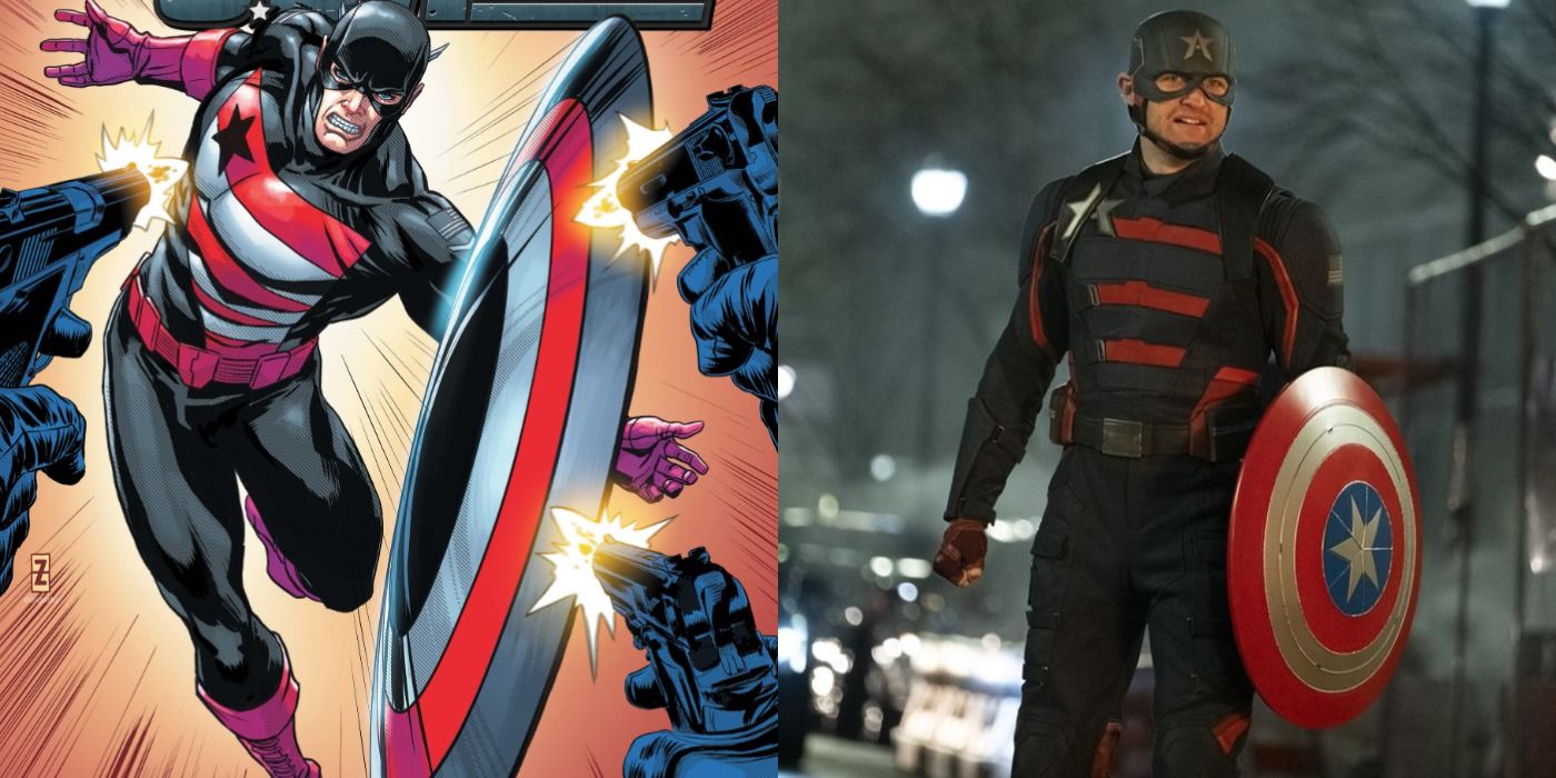 Split image showing USA Agent in the comics and in TFATWS