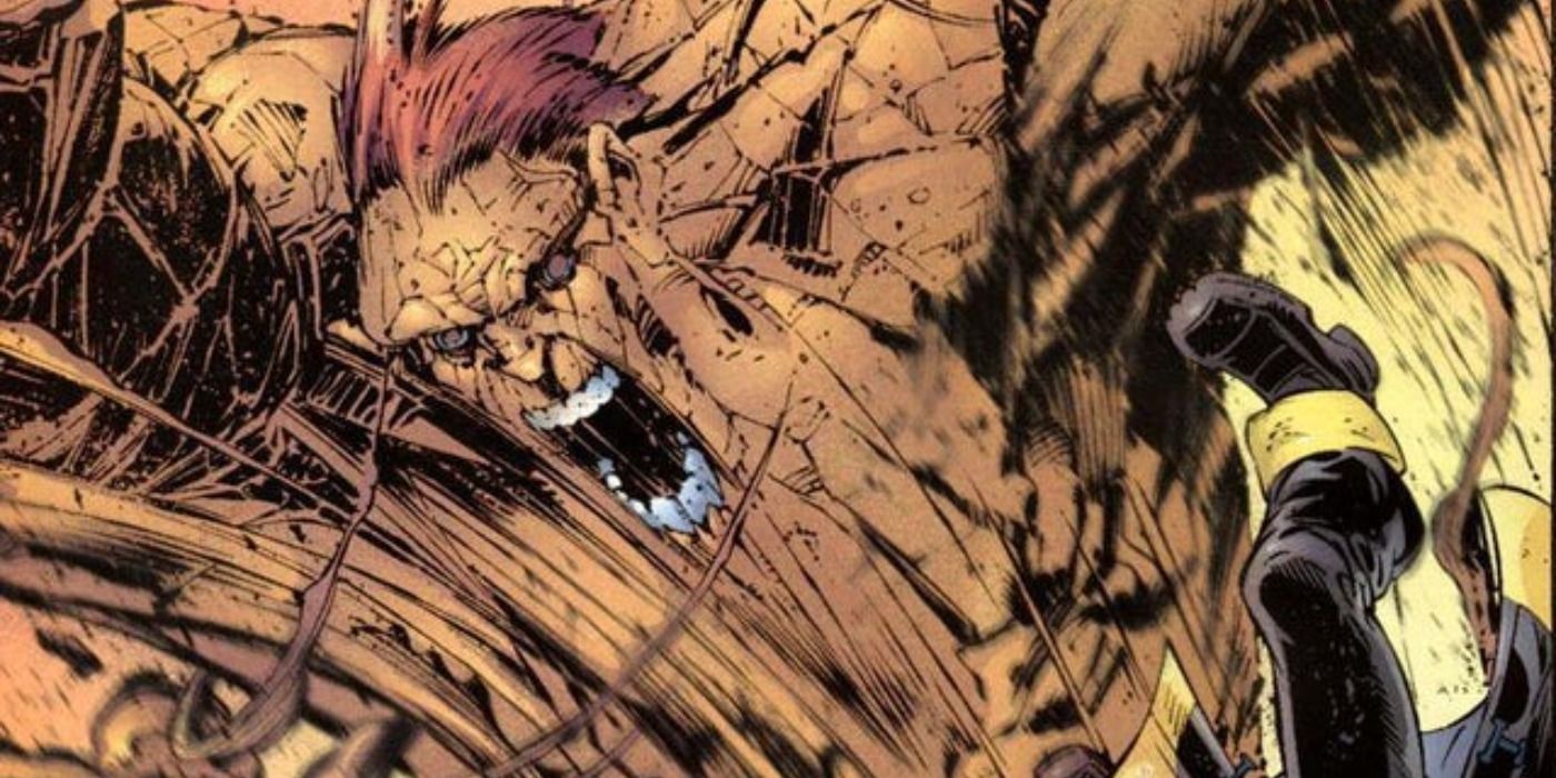 Ultimate Sandman attacks in Marvel Comics.