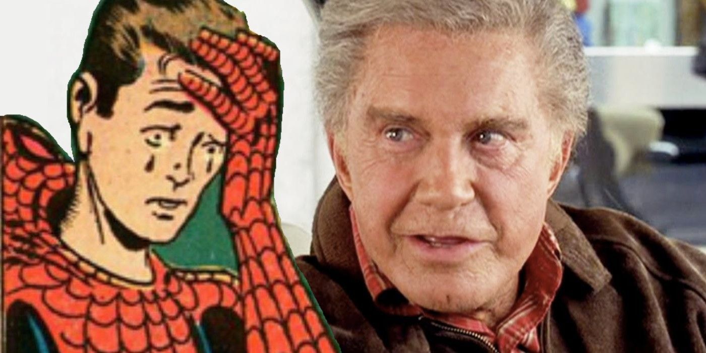 Comic Peter Parker cries, split with Cliff Robertson as Uncle Ben in Spider-Man 2002