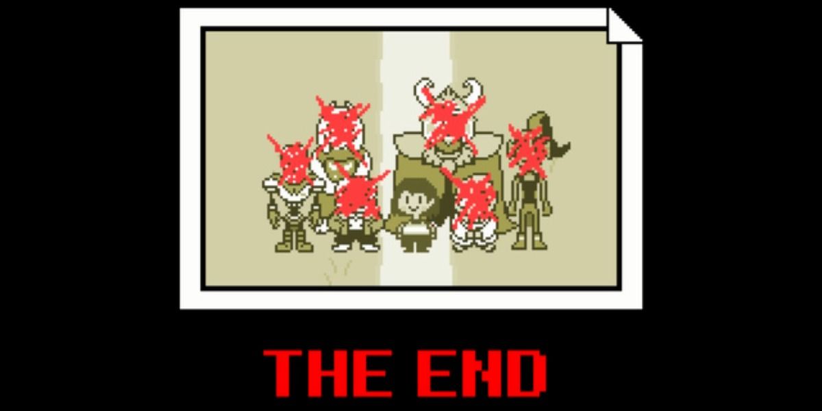 Frisk stands in the middle of a group of people she's killed in the genocide ending of Undertale.