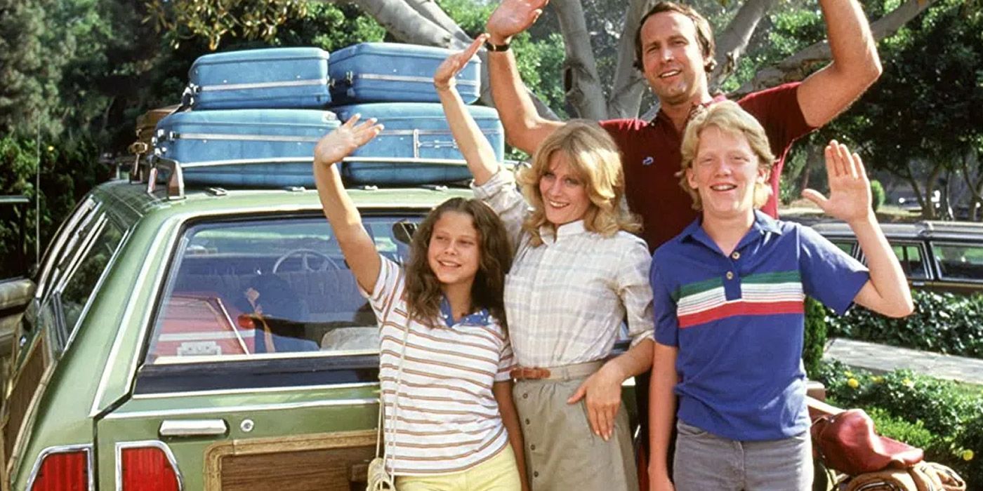 The Griswolds standing by their stationwagon in National Lampoon's Vacation