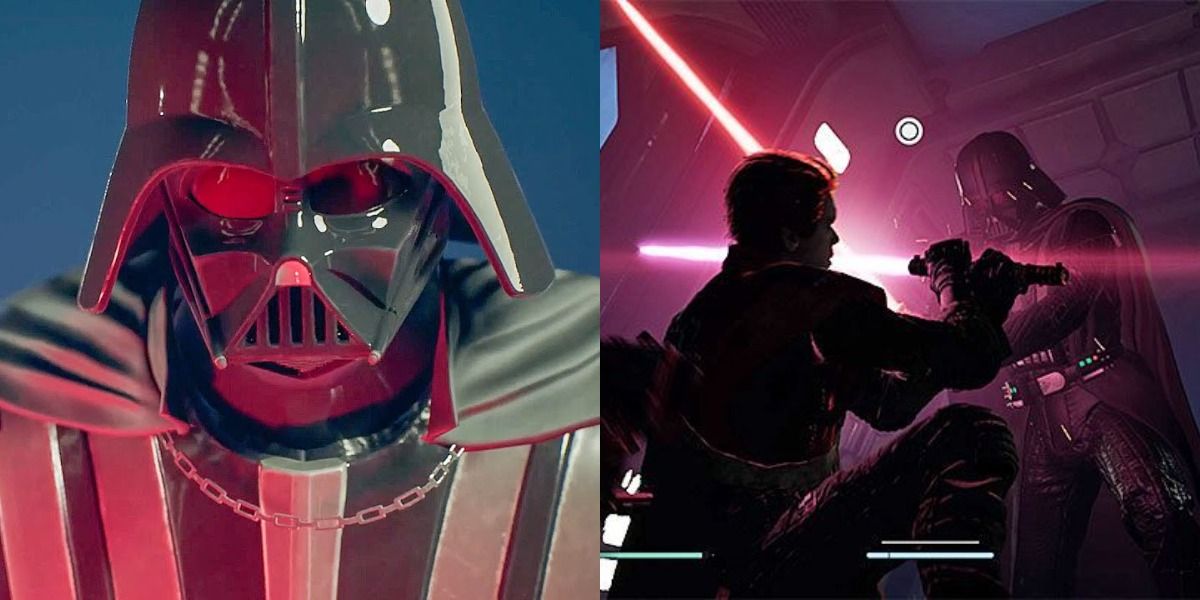 Split image of Darth Vader and Cal Kestis clashing sabers with him in Fallen Order