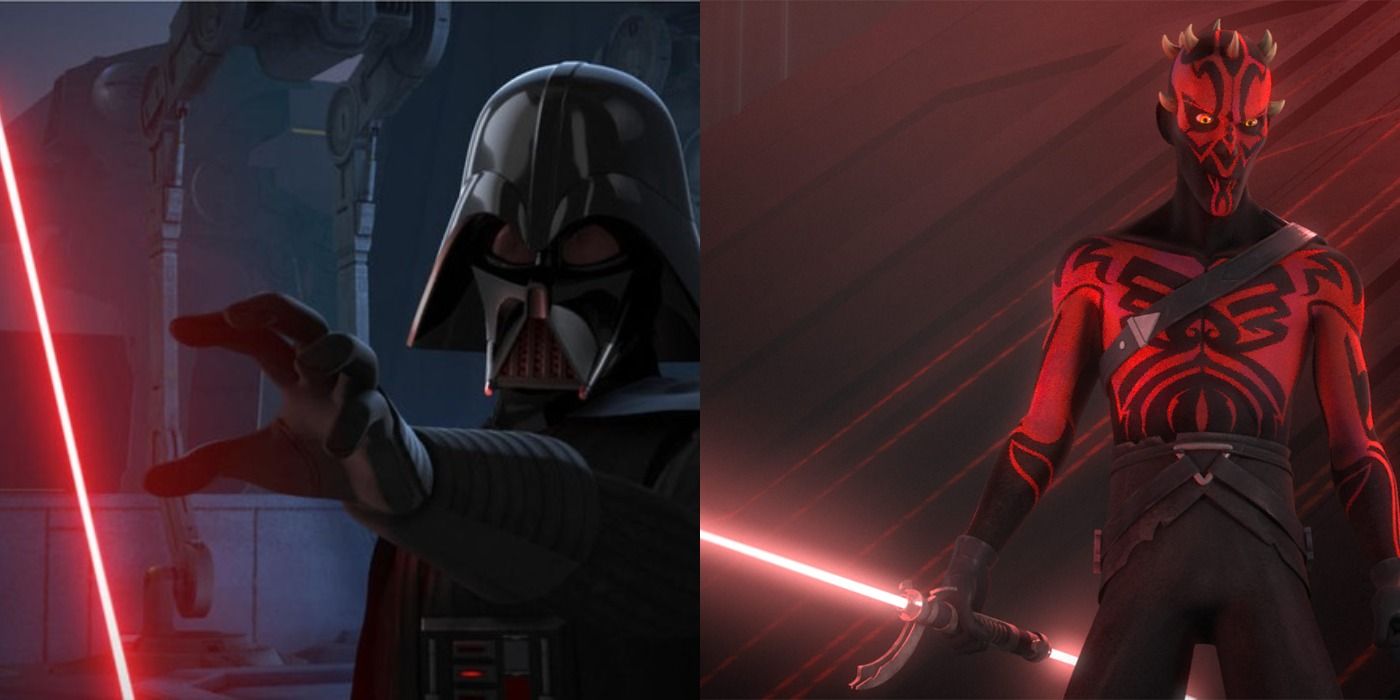 Split image of Vader and Maul with their sabers ignited in Rebels