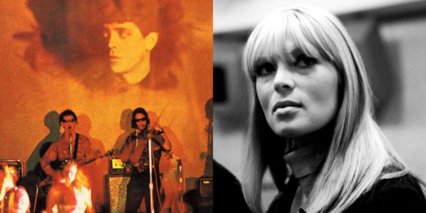 Split image: The Velvet Underground performs on stage, black-and-white photo of Nico in 1967.