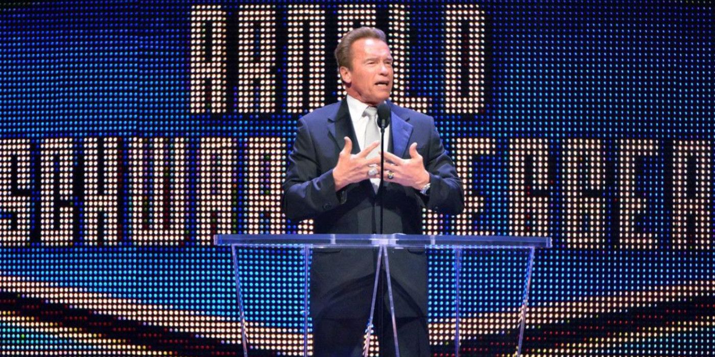 Arnold Schwarzenegger at the WWE Hall of Fame 