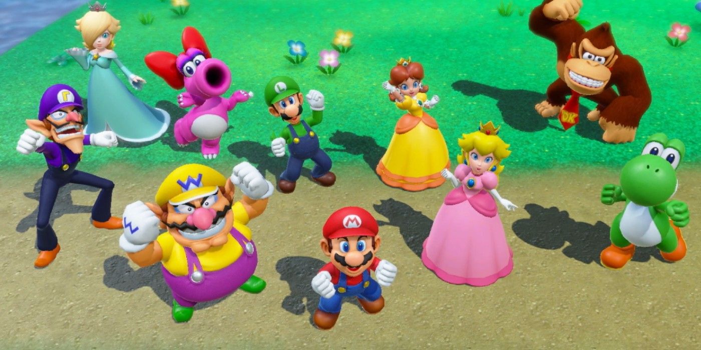Wario amongst the rest of the playable characters in Mario Party Superstars