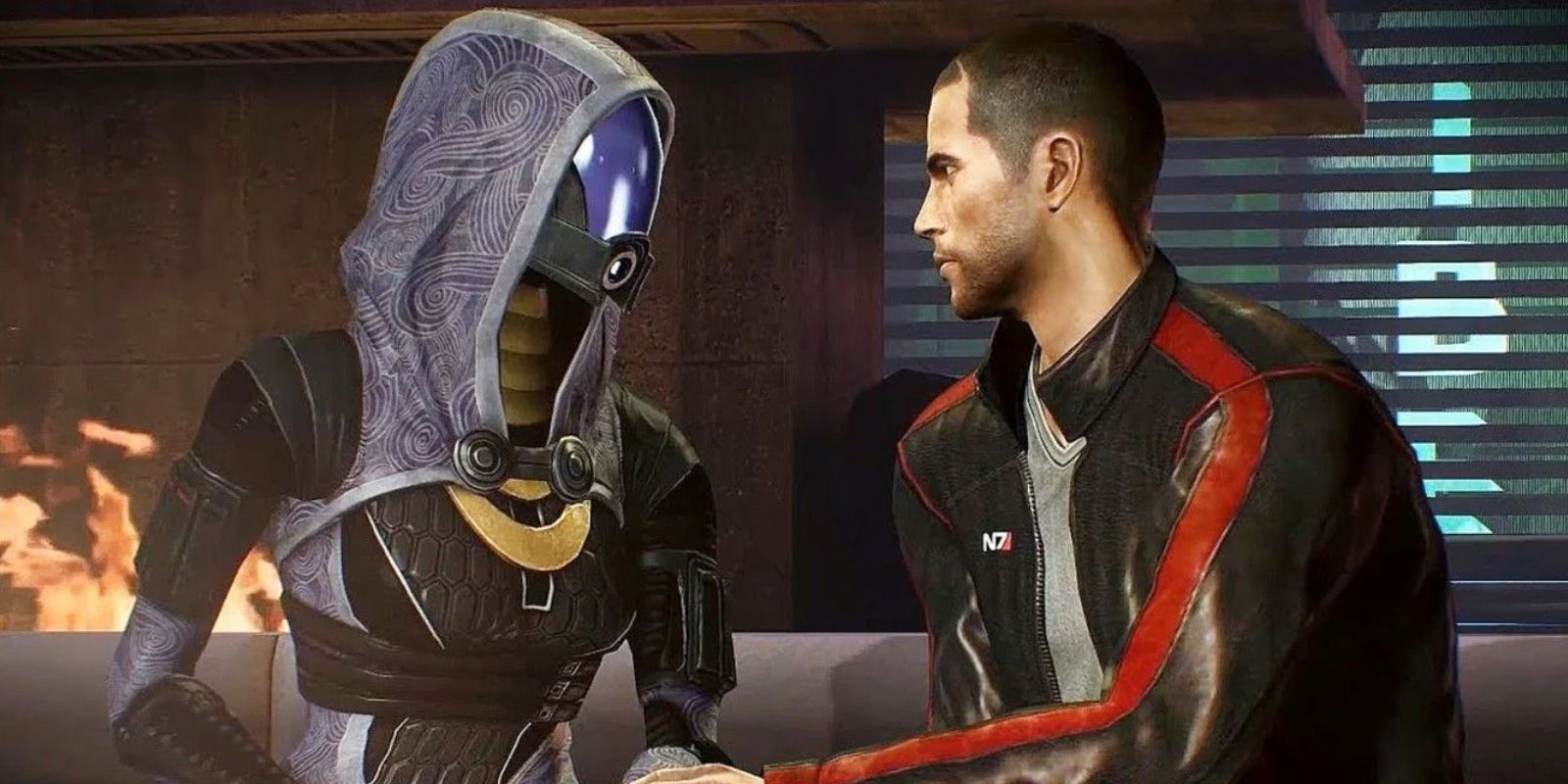 An image of Tali staring at Male Shepard.