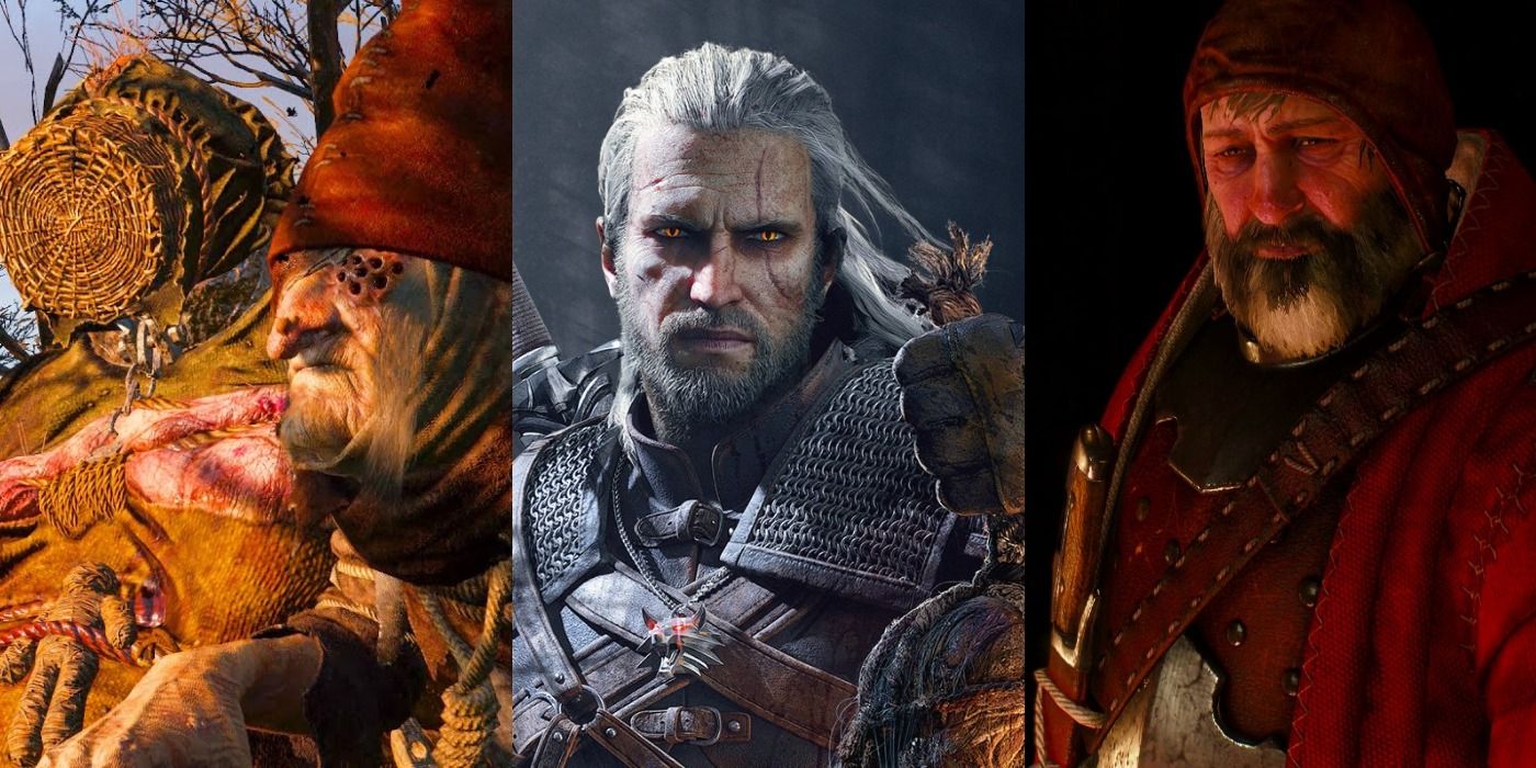 Split image of the Crone, Geralt holding a monster head, and the Baron in The Witcher 3