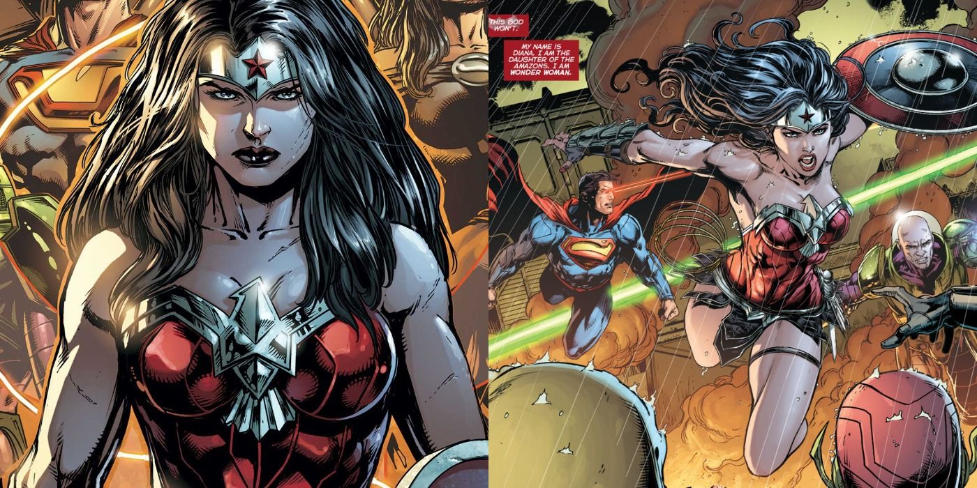 Split image of Wonder Woman in costume fighting with the Justice League