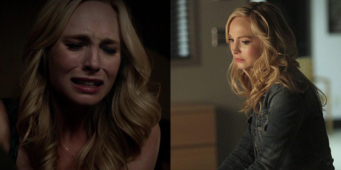 Split image of Caroline Forbes crying in The Vampire Diaries