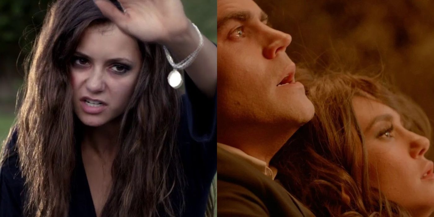Katherine as a human and Katherine being killed by Stefan in The Vampire Diaries