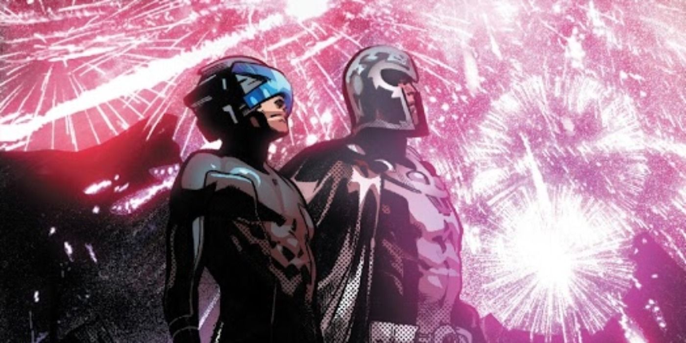Professor X and Magneto watch fireworks in House of X comic book.