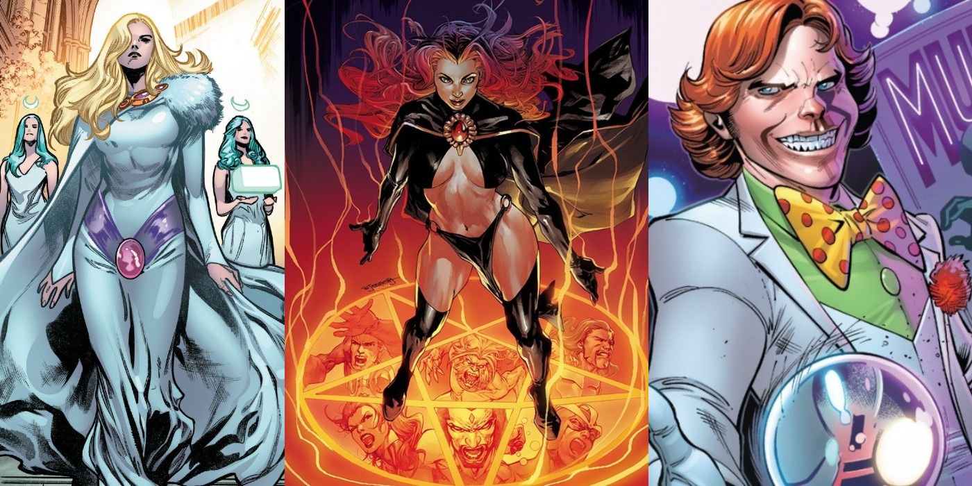Split image: Saturnyne, Arcade, and Madeline Pryer in art from Marvel Comics.