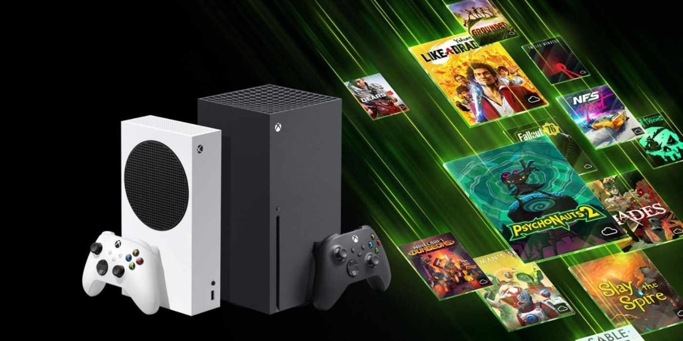 An Xbox Series S and Series X console pasted over a background showing off some of the games available on Cloud Gaming.