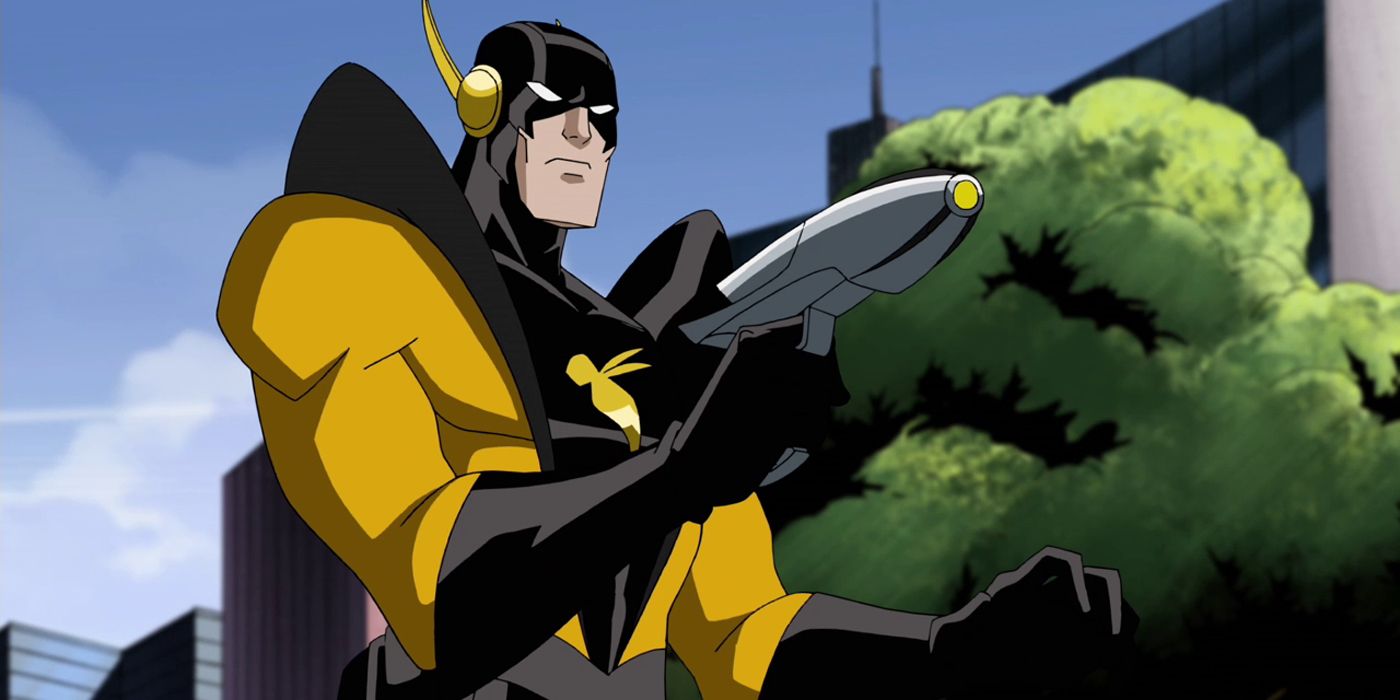 Yellowjacket aiming a weapon at someone in Marvel comics.