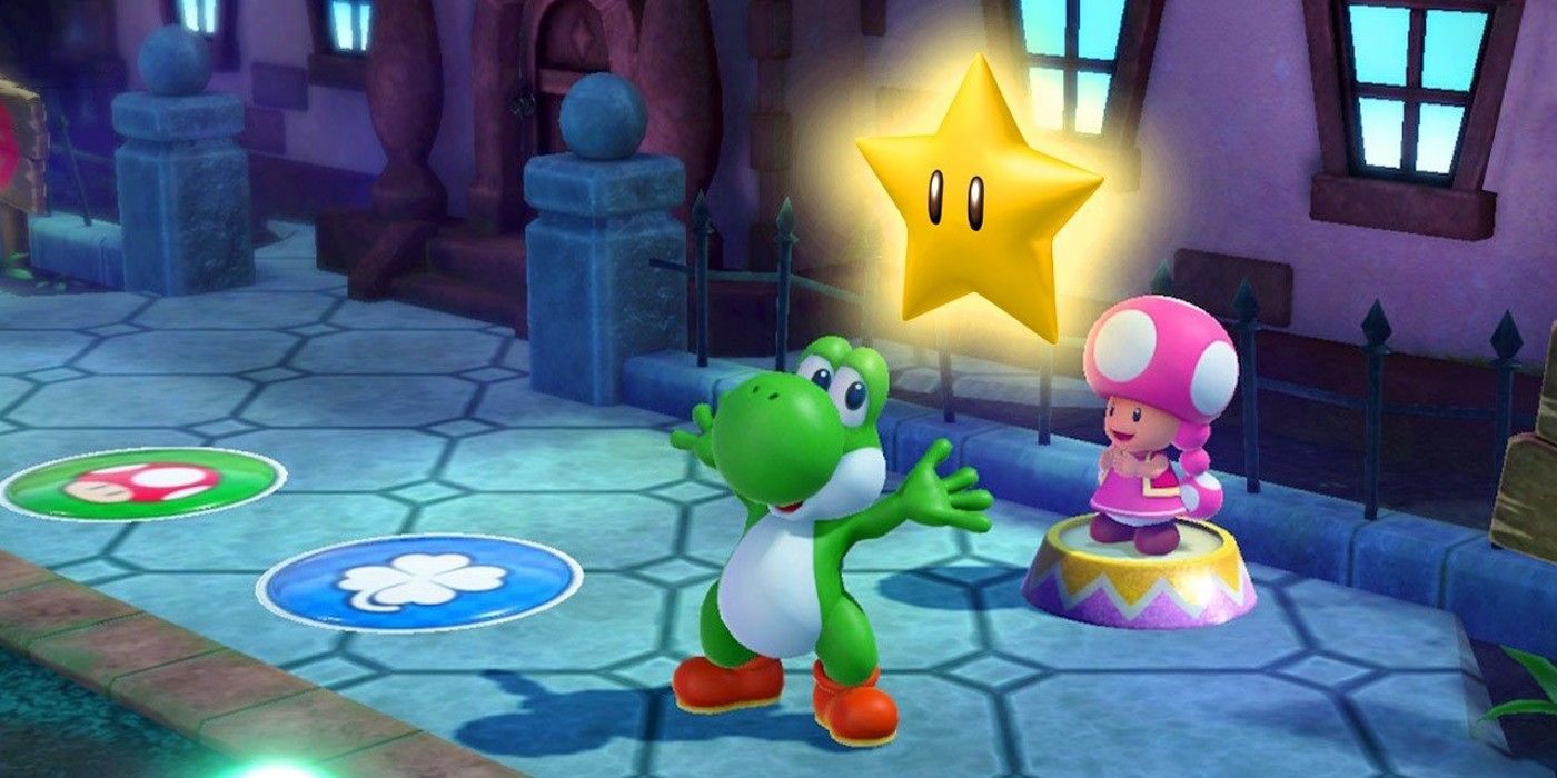 Yoshi stands alongside Toad and a star in Mario Party Superstars