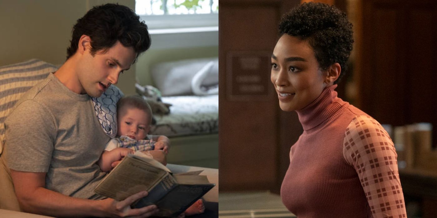 Split image of Joe holding baby Henry and Marienne smiling on You