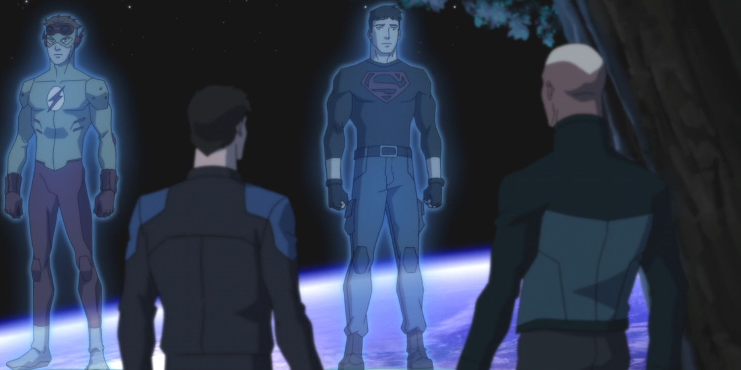 Nightwing and Aquaman staring at Superboy's hologram at the Watchtower in Young Justice