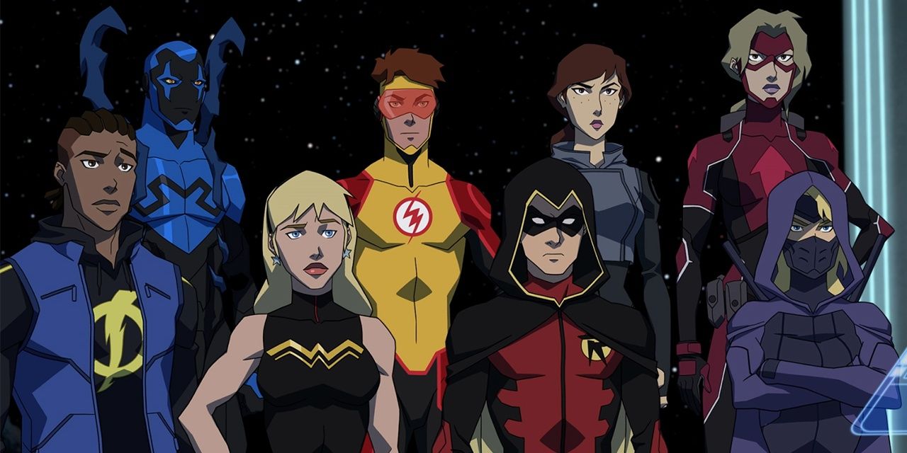 Characters from Young Justice stand around and listen to someone
