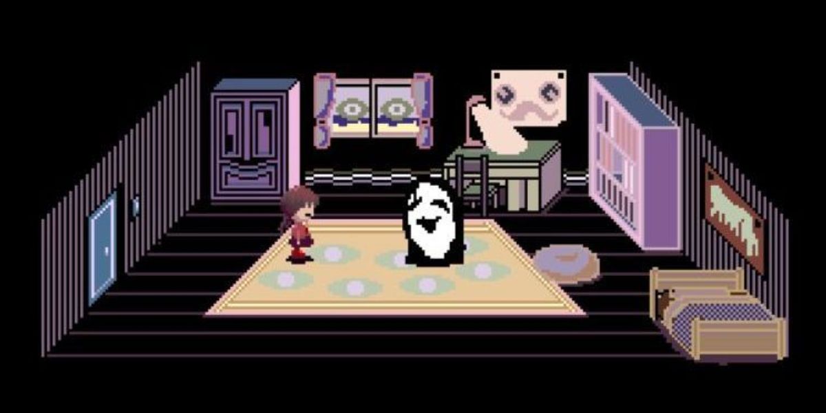 Madotsuki and Uboa in the game Yume Nikki.