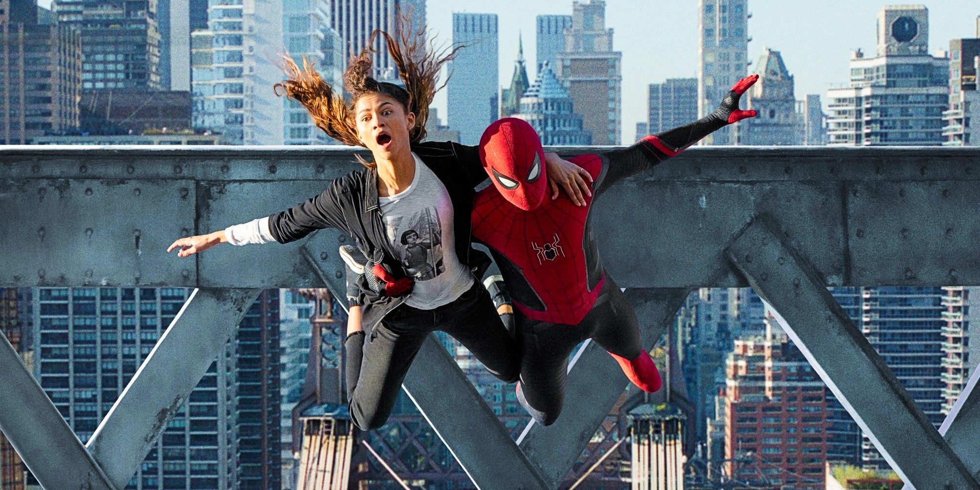 Zendaya and Tom Holland swinging through the air in Spider-Man No Way Home