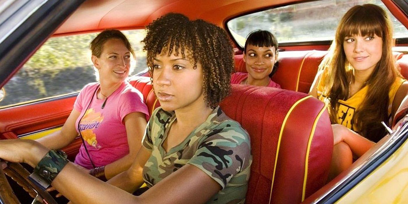 Zoe Bell in the passengers seat with her friends in Death Proof.